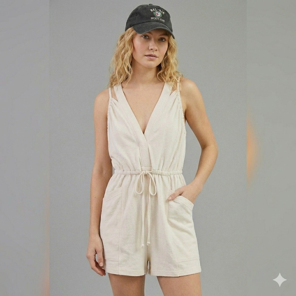 Daily Practice Anthropologie Romper Women XS Ivory Drawstring V-Neck Athleisure